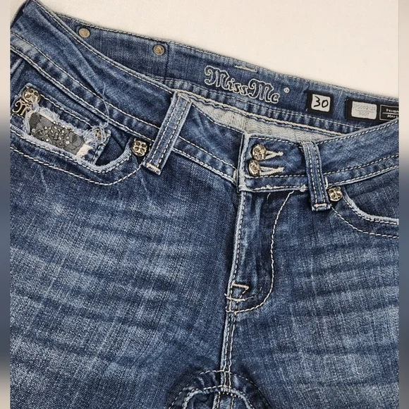 Miss Me Medium Wash Boot Cut Denim Jeans  Black lace And Jewel Embellishments - Picture 3 of 13